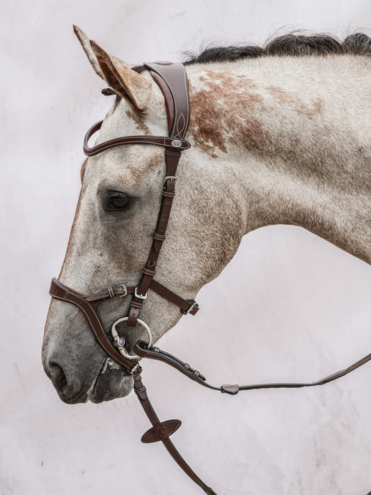 The adjustable noseband gives the rider an opportunity to choose how much pressure to apply on the nose. It helps the horse to accept the bit and is a perfect bridle for both the young horse who's still learning to communicate with the rider as well as for the type of horse who tries to avoid contact with the rider's hand and rather folds in the neck too much.