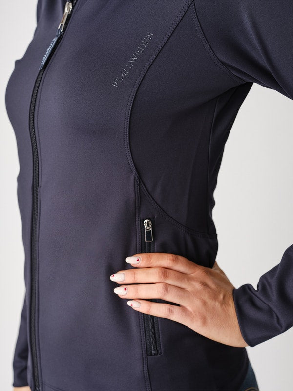 Zip-through mid layer sweater in stretchy jersey. The slim fit and soft material, with a slightly peached inside, give a comfortable feel to this versatile zip sweater with stand-up collar and stylish details.