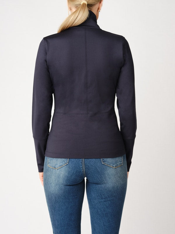 Zip-through mid layer sweater in stretchy jersey. The slim fit and soft material, with a slightly peached inside, give a comfortable feel to this versatile zip sweater with stand-up collar and stylish details.
