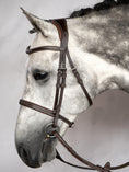 Load image into Gallery viewer, A classic hunter bridle with an English noseband and a solid throatlatch. The browband and noseband are beautifully decorated with a white décor stitching and are softly padded on the inside for increased comfort. The bridle is made in Spanish vegetable-tanned leather.
