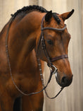 Load image into Gallery viewer, A classical hunter bridle with a modern touch and an anatomical shape. It has a solid throatlatch, a soft, flat noseband and a browband with beautiful décor stitching.
